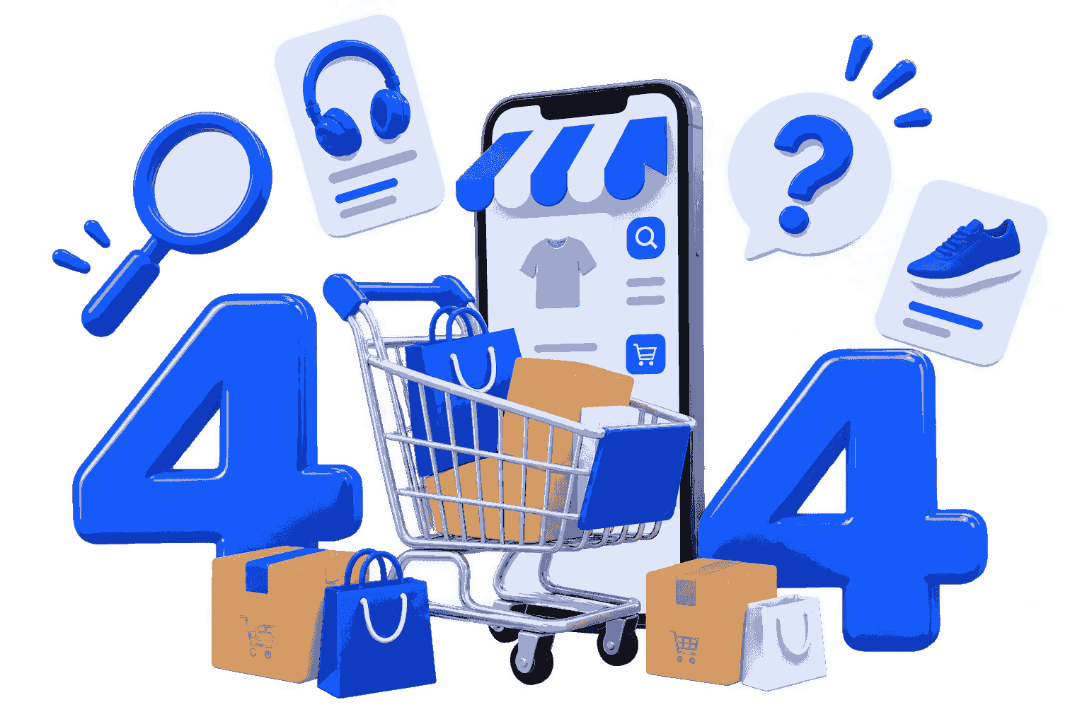 3D blue 404 error illustration with an open door, shopping cart, Angoer shopping bags, gift box, and green plants on a transparent background.