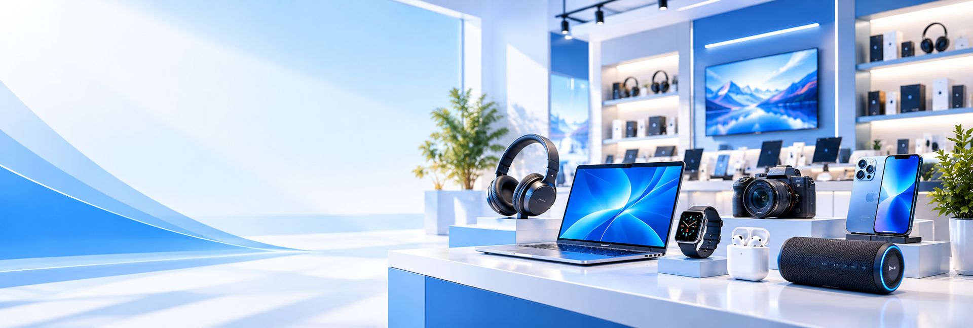 Modern electronics showroom featuring laptops, smartphones, headphones, smartwatches, cameras, and speakers with premium blue lighting at Angoer.